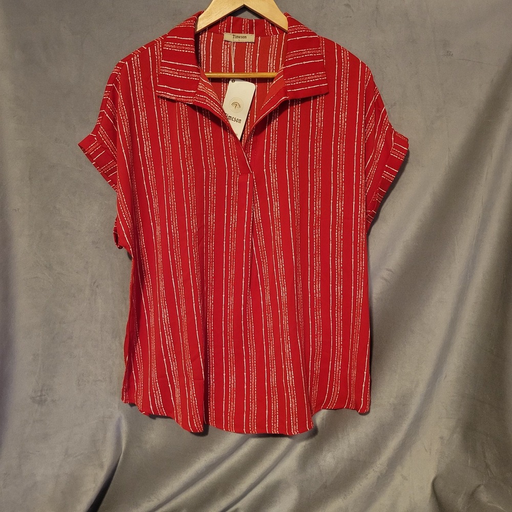 Timeson Women's Red White Dotted Stripe Short Sleeve Blouse Collar V Neck NWT